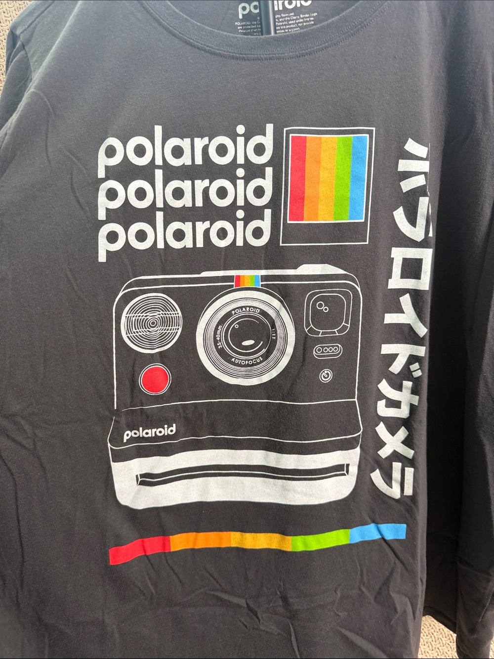 Polaroid Black Tee with Rainbow Camera Graphic